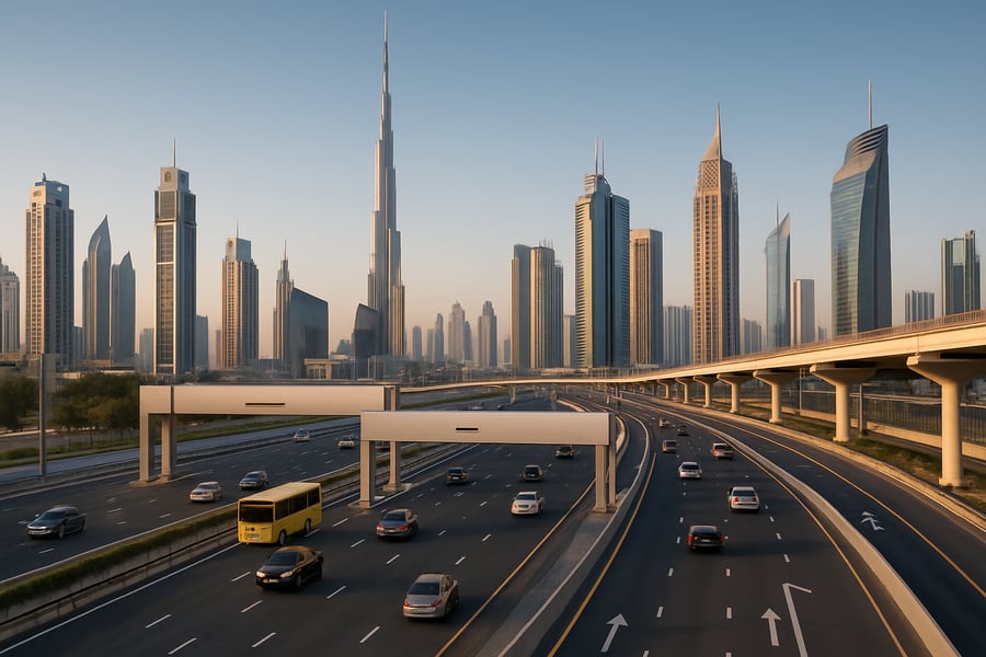 Dubai skyline with modern roads and toll gates