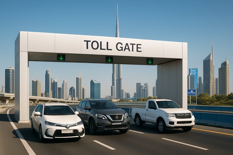 Modern toll gate in Dubai with vehicles passing through